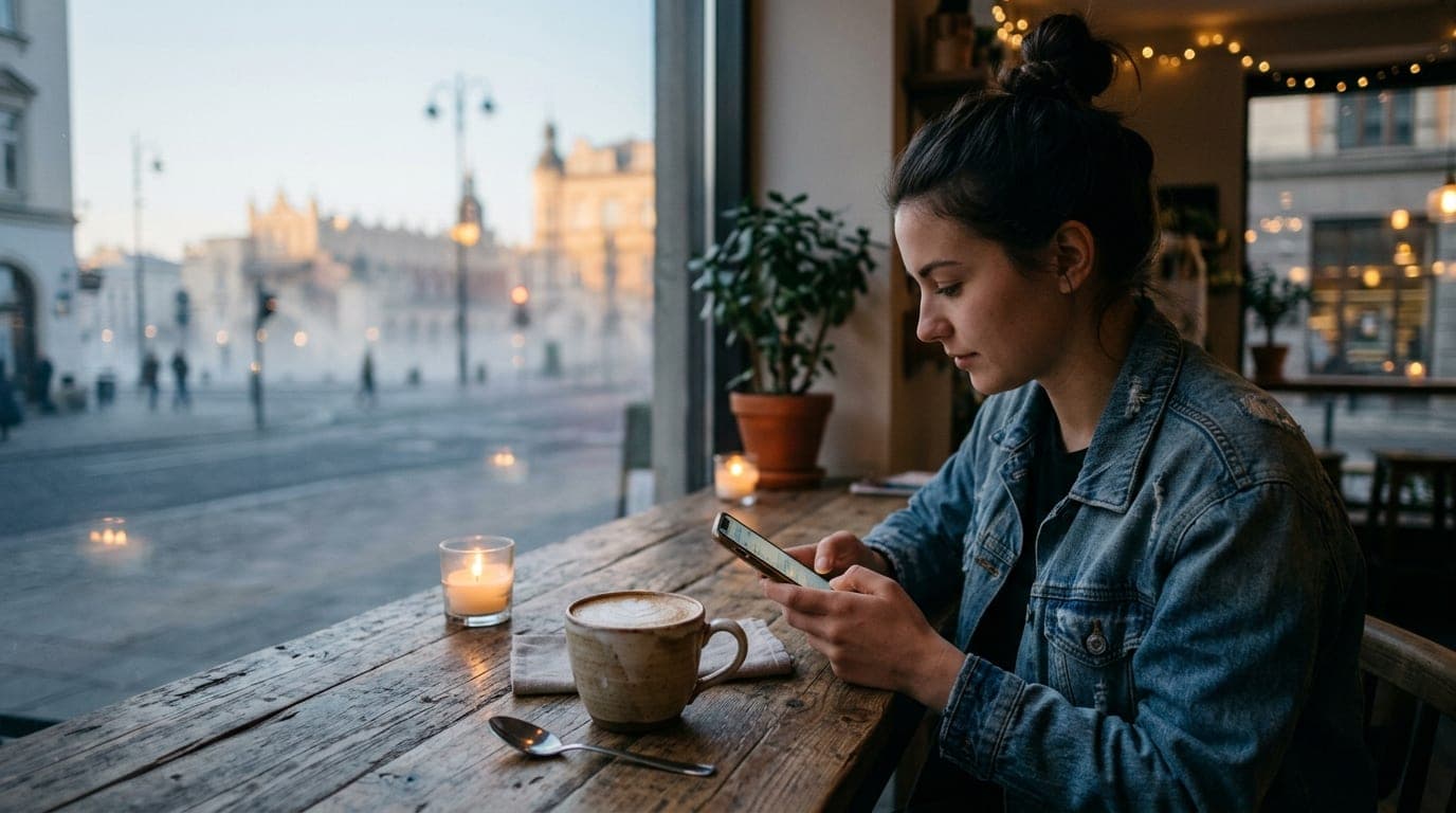 A medium shot shows a ceramic mug of latte resting on a reclaimed wood table at a cafe. In the lower third, a woman in a c...