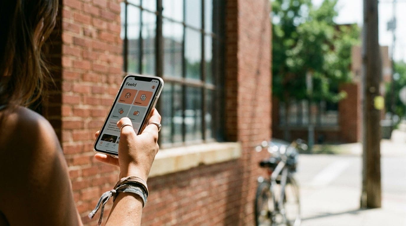 An 85mm close-up of a person’s hand holding a smartphone displaying the Feeld app interface, offset left. Bright noon sunl...