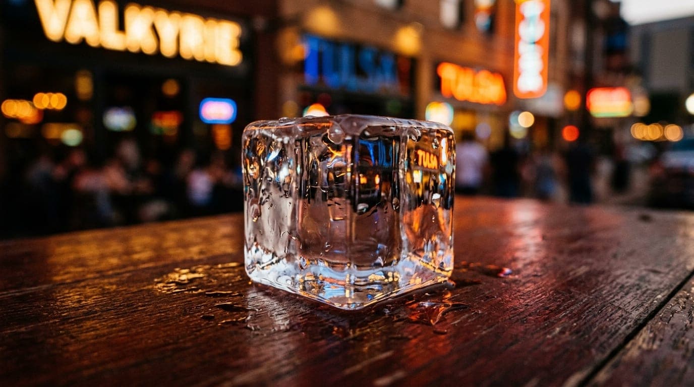 Extreme close-up macro, 24mm wide-angle at golden hour. A single, crystal-clear cocktail ice cube sits on a dark mahogany...