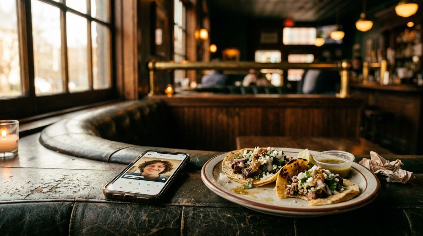 A close-up shot of a smartphone resting on a worn leather booth in a dimly lit Brookside bar, displaying a Tinder profile...
