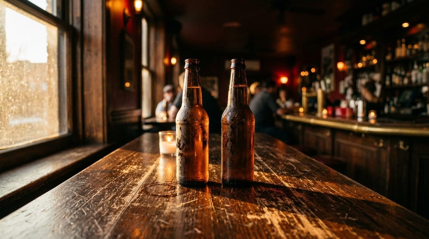 A wide-angle, centered shot of a worn wooden Soundpony bar top at golden hour. Two condensation-covered beer bottles sit s...