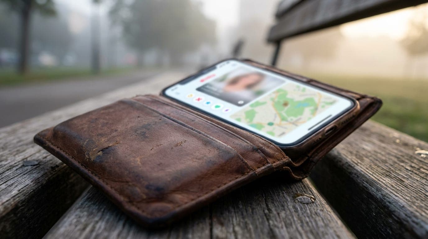 A low-angle, tight 100mm macro shot of a worn leather wallet resting on a rustic wooden park bench, displaying a blurry sm...