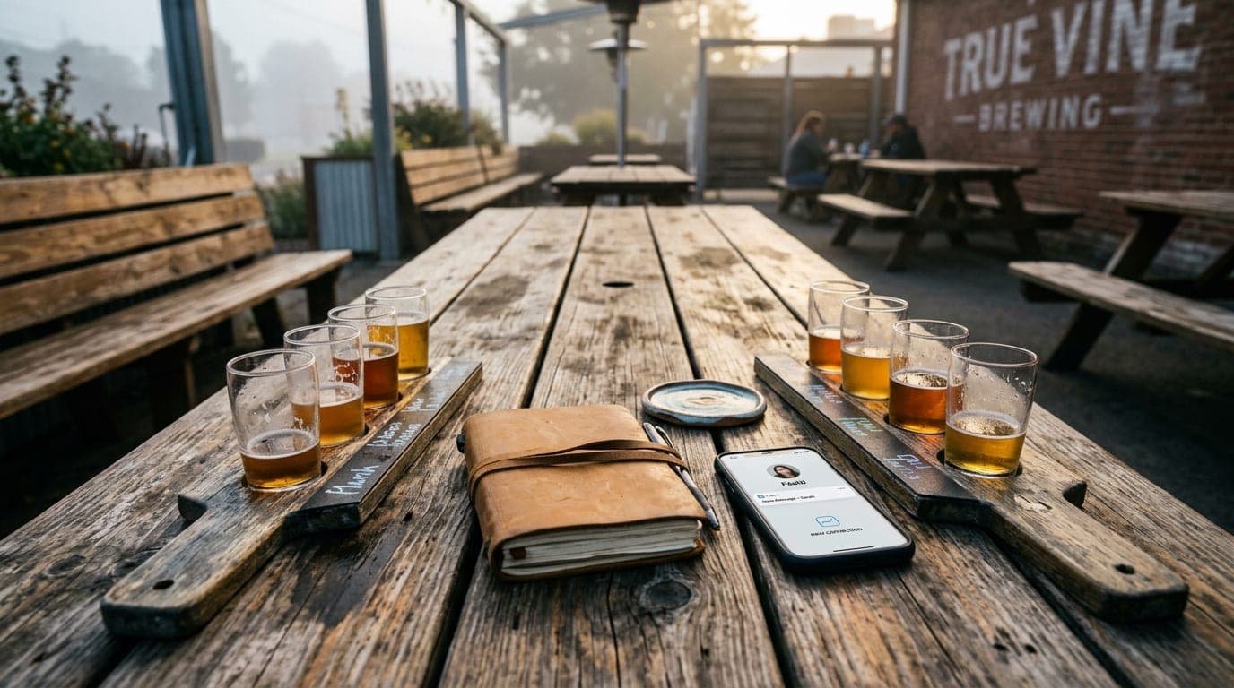 Overhead flat-lay shot on a weathered outdoor picnic table at True Vine Brewing. Two half-empty craft beer flights flank a...