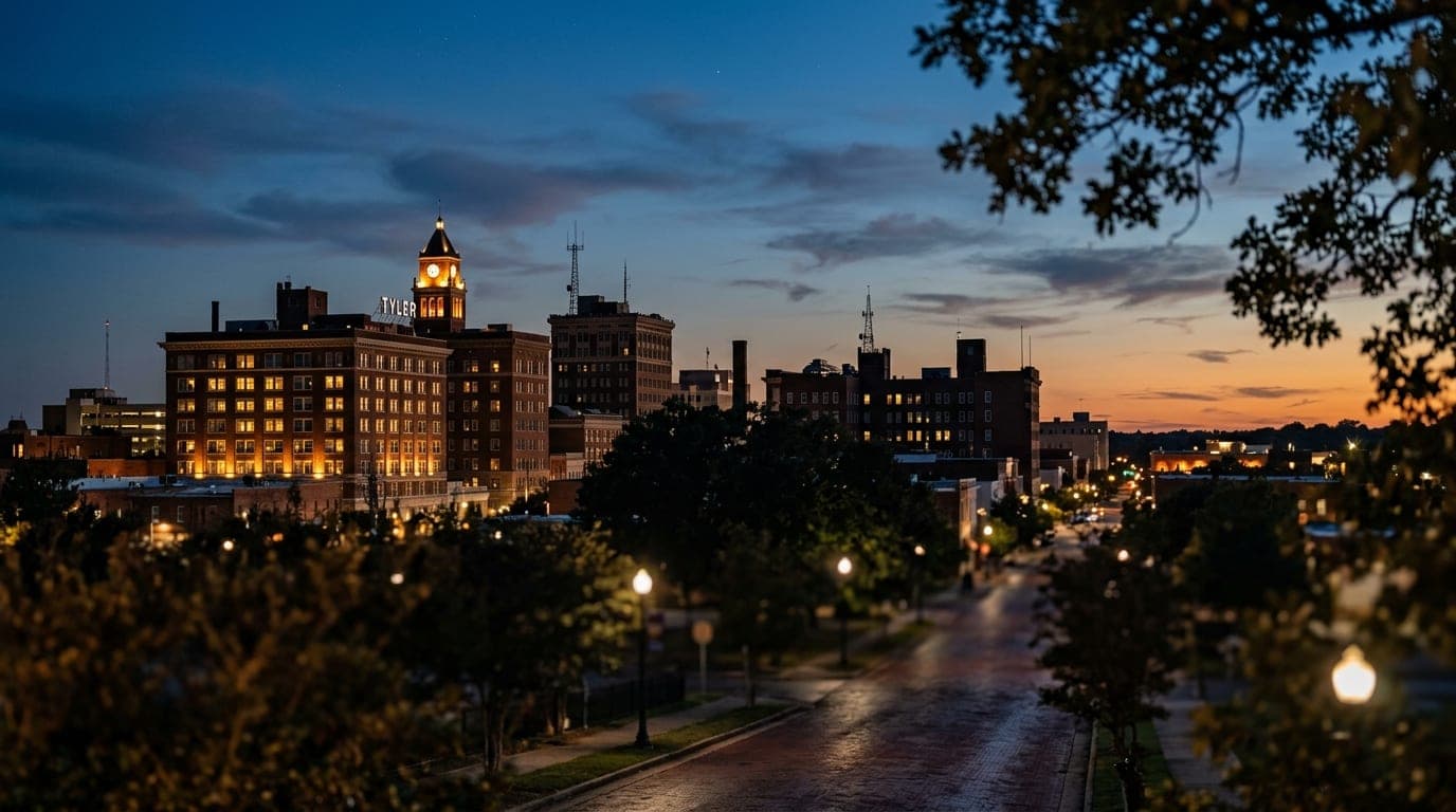 A wide shot of the Tyler skyline at dusk, captured with an 85mm lens. Warm tungsten lights glow from office windows, offse...