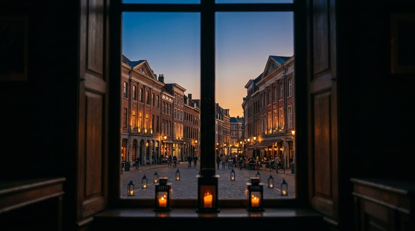 A medium shot, 24mm wide-angle view from a darkened downtown interior, symmetrically framing the historic brick facades of...