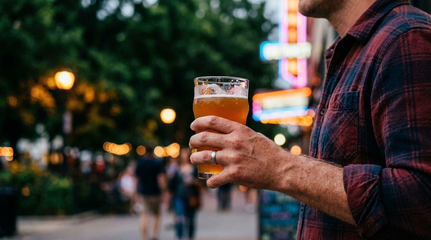 A 35mm documentary shot at golden hour. A person in a casual flannel shirt holds a craft beer glass, offset right, with Fa...