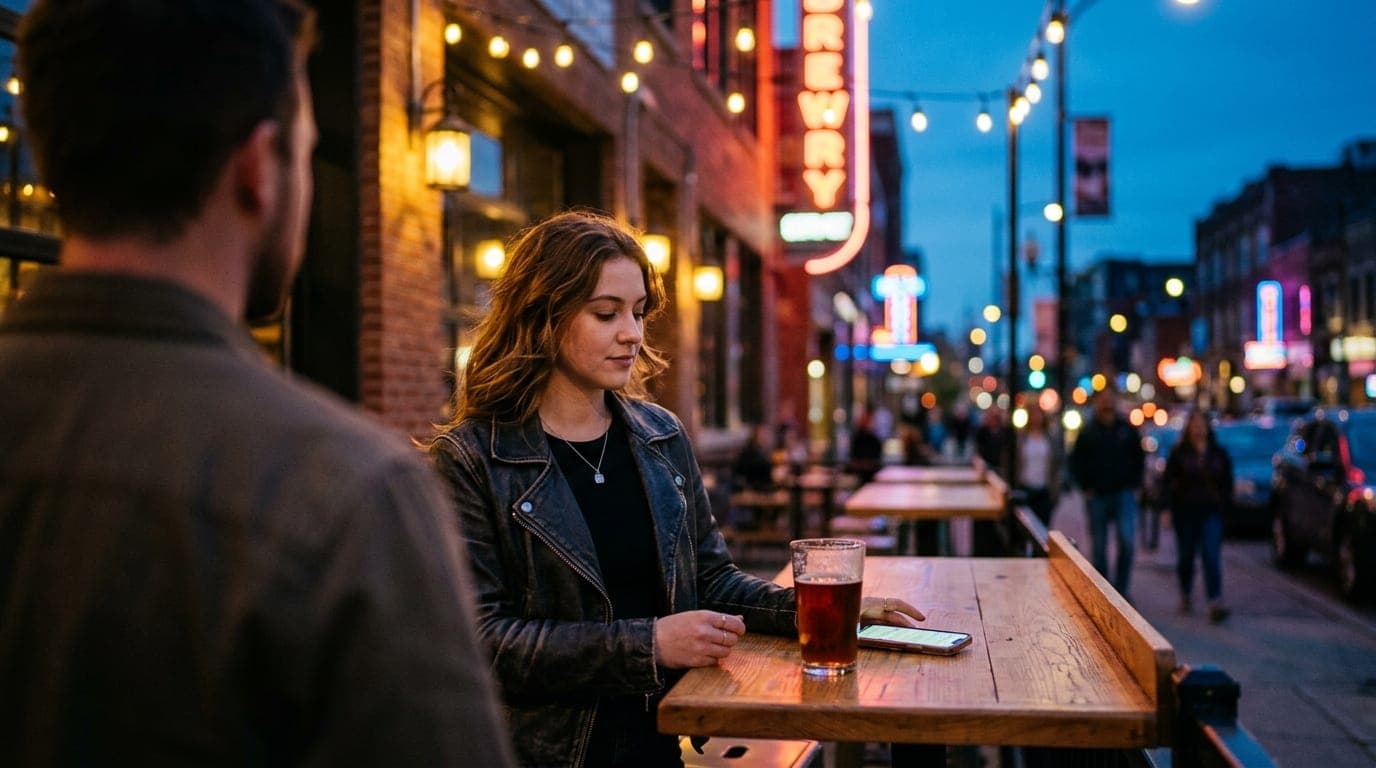 An 85mm over-the-shoulder shot at blue hour. A woman in a leather jacket stands offset left at an ETX Brewing Co. high-top...