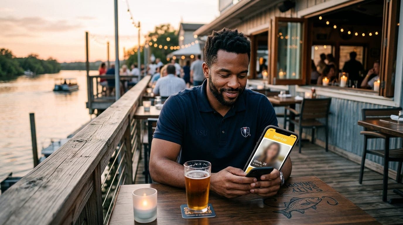 Medium shot, tilt-shift focus. A man in a VSU Blazer polo sits at a Salty Snapper table, holding a smartphone showing a Bu...