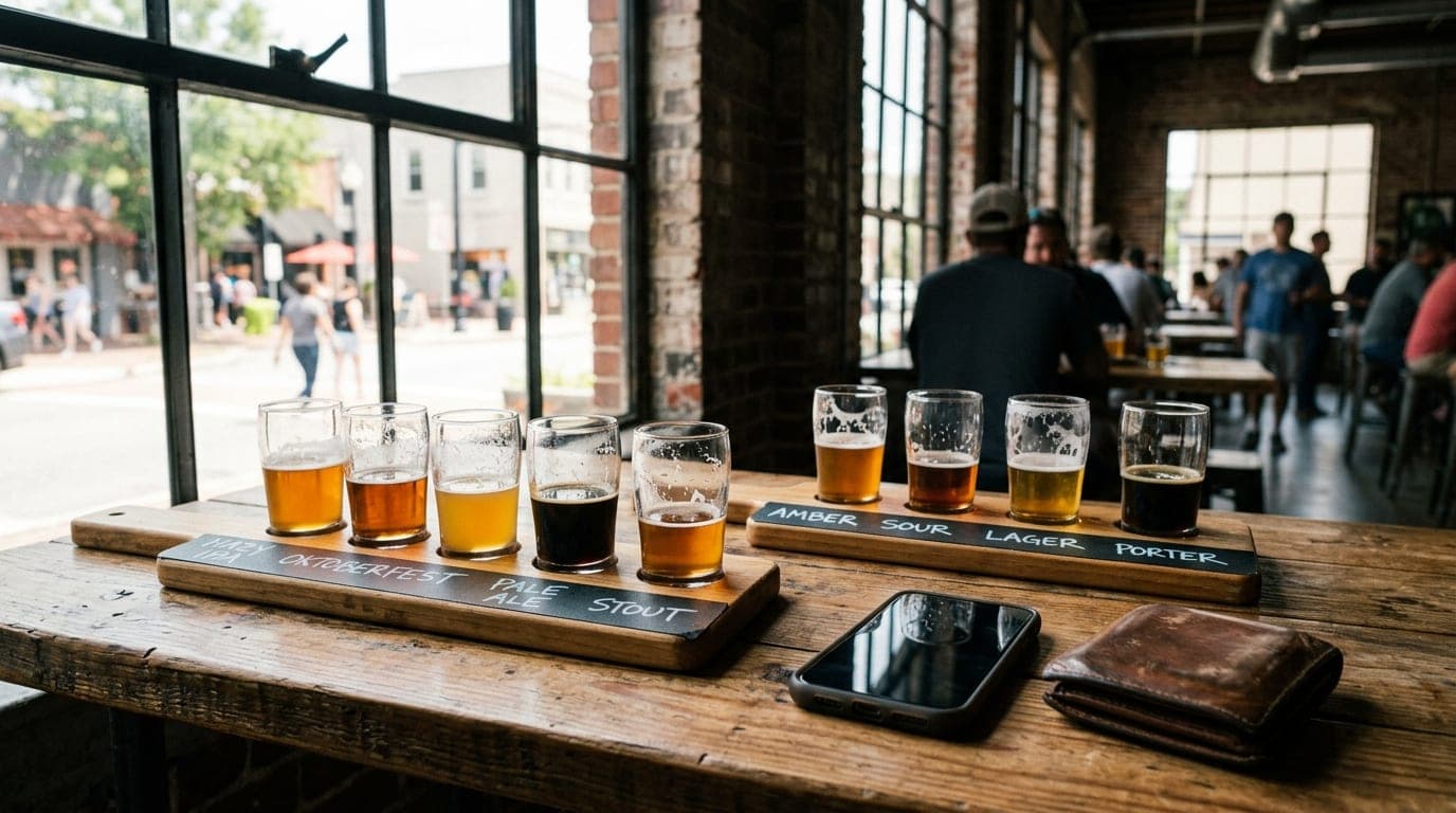 Noon natural light filters through the industrial windows of Georgia Beer Co. onto a wooden table, focusing on two half-fi...