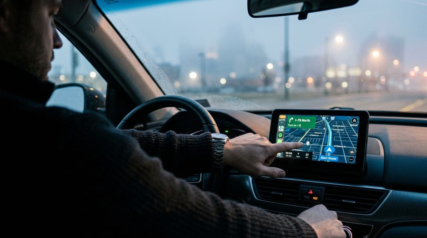 A 100mm macro shot captures a person’s hand adjusting a GPS navigation screen set to an I-75 North route, glowing softly i...
