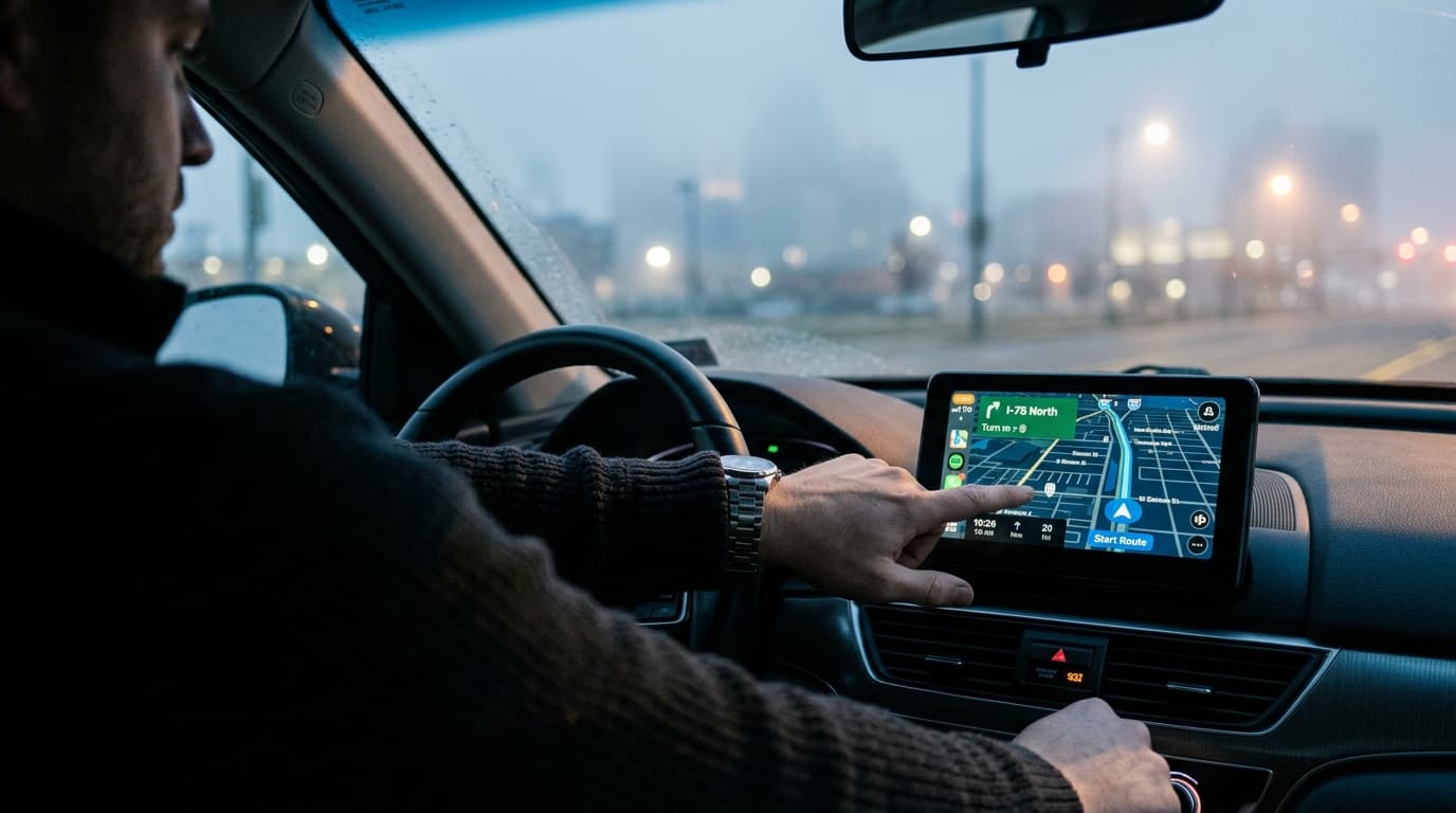 A 100mm macro shot captures a person’s hand adjusting a GPS navigation screen set to an I-75 North route, glowing softly i...