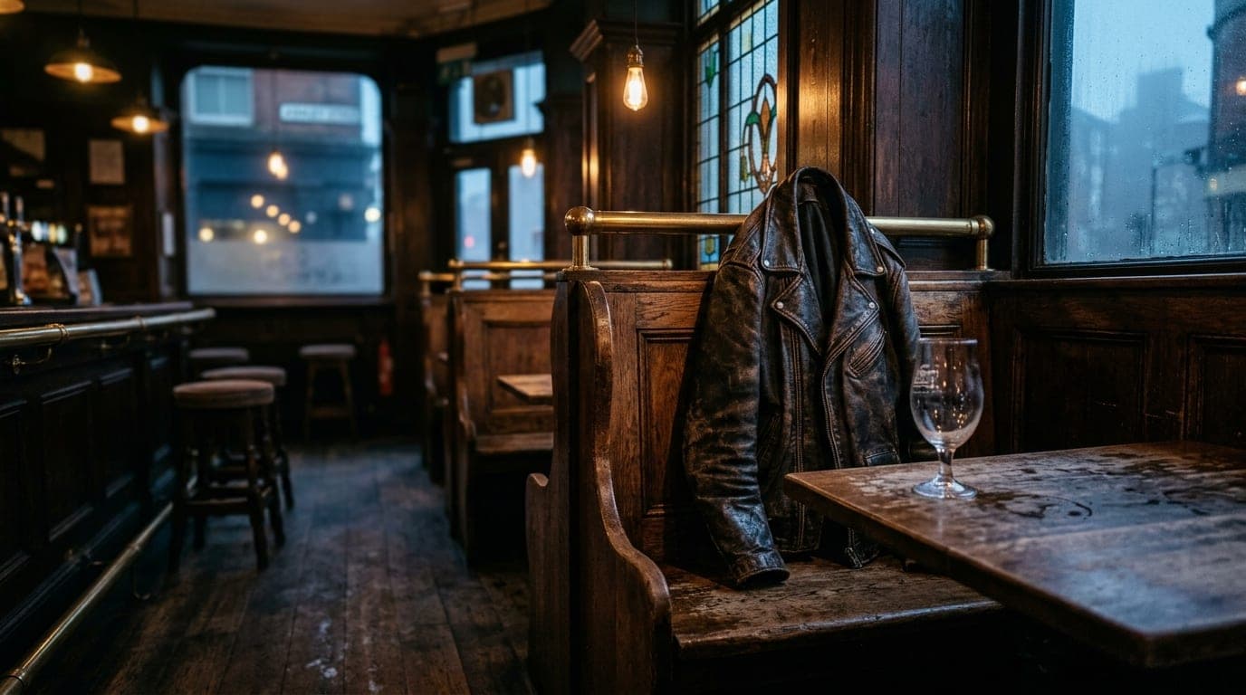 Low-angle hero shot of a weathered leather jacket draped over a corner booth at Ashley Street Station. Tilt-shift focus hi...