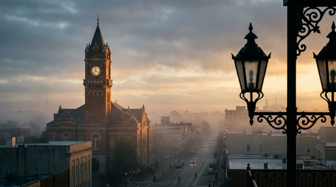 An 85mm portrait shot, offset left, captures the historic Lowndes County Courthouse clock tower rising above misty downtow...