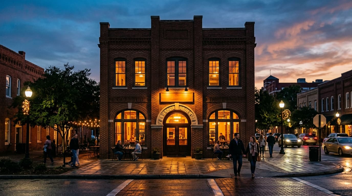 A symmetric 24mm wide-angle shot of the Georgia Beer Co. brick exterior at dusk, glowing with warm tungsten interior light...