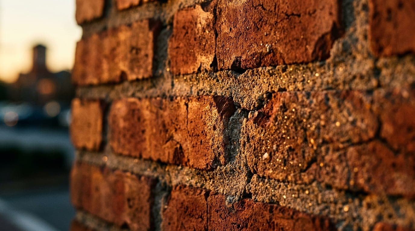 Extreme macro shot of a weathered brick texture on a historic downtown Valdosta storefront at golden hour, capturing the r...