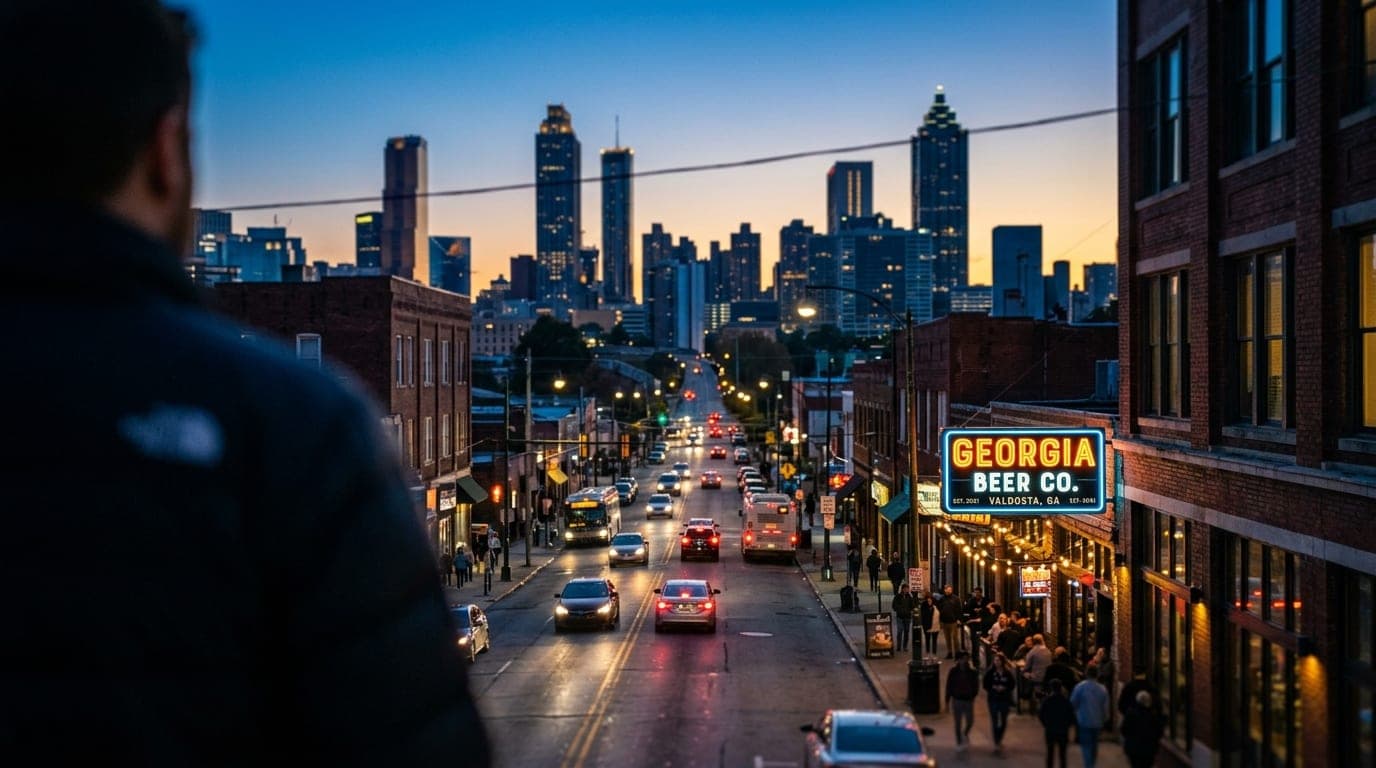 Over-the-shoulder perspective looking down a dimly lit downtown street, utilizing tilt-shift focus on the glowing signage...