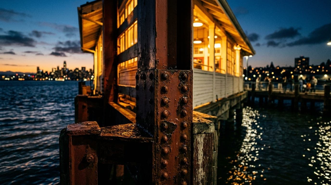 A tight 100mm macro shot of the historic Vallejo Ferry terminal at night. Warm tungsten light spills from the structure, h...