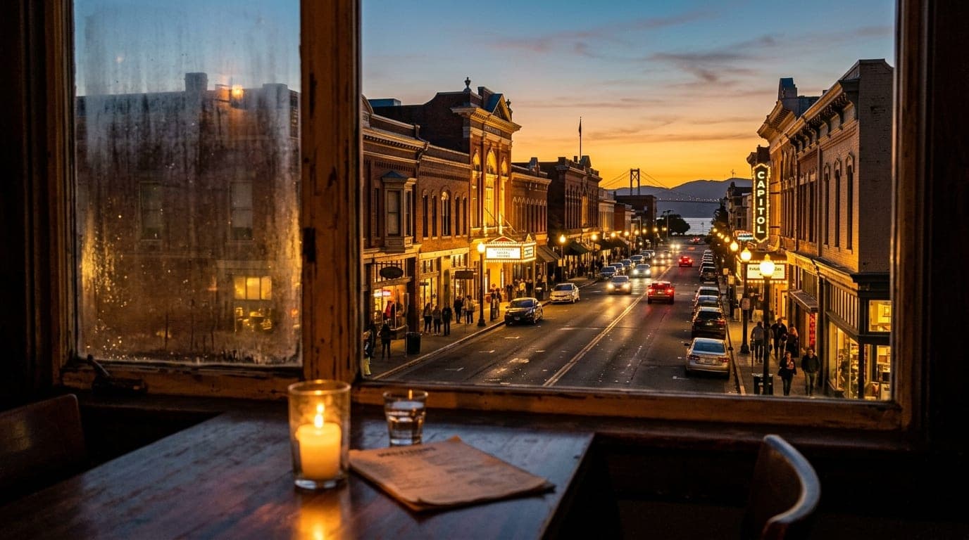 A medium shot through a window at Provisions, showing the soft glow of a flickering candle on a dark tabletop. The focus p...