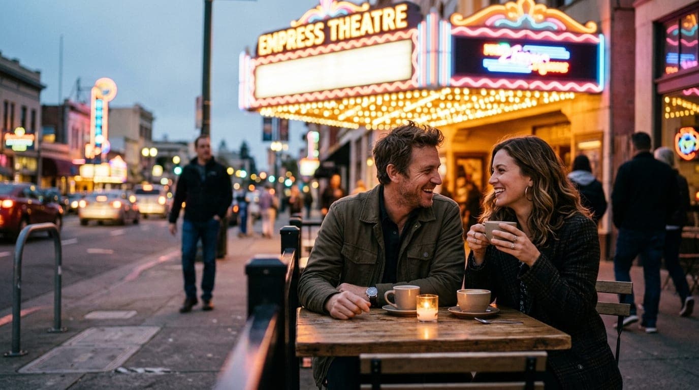 A medium shot captures a couple sharing a coffee at a bistro table outside an Empress Theatre marquee. Selective focus hig...