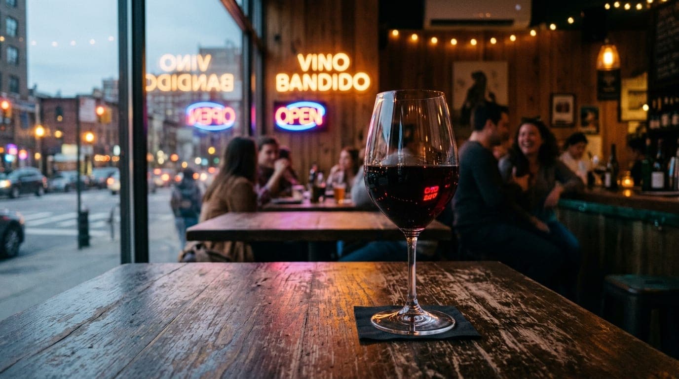 A close-up shot using 35mm documentary style captures a single artisanal glass of red wine resting on a weathered wooden t...
