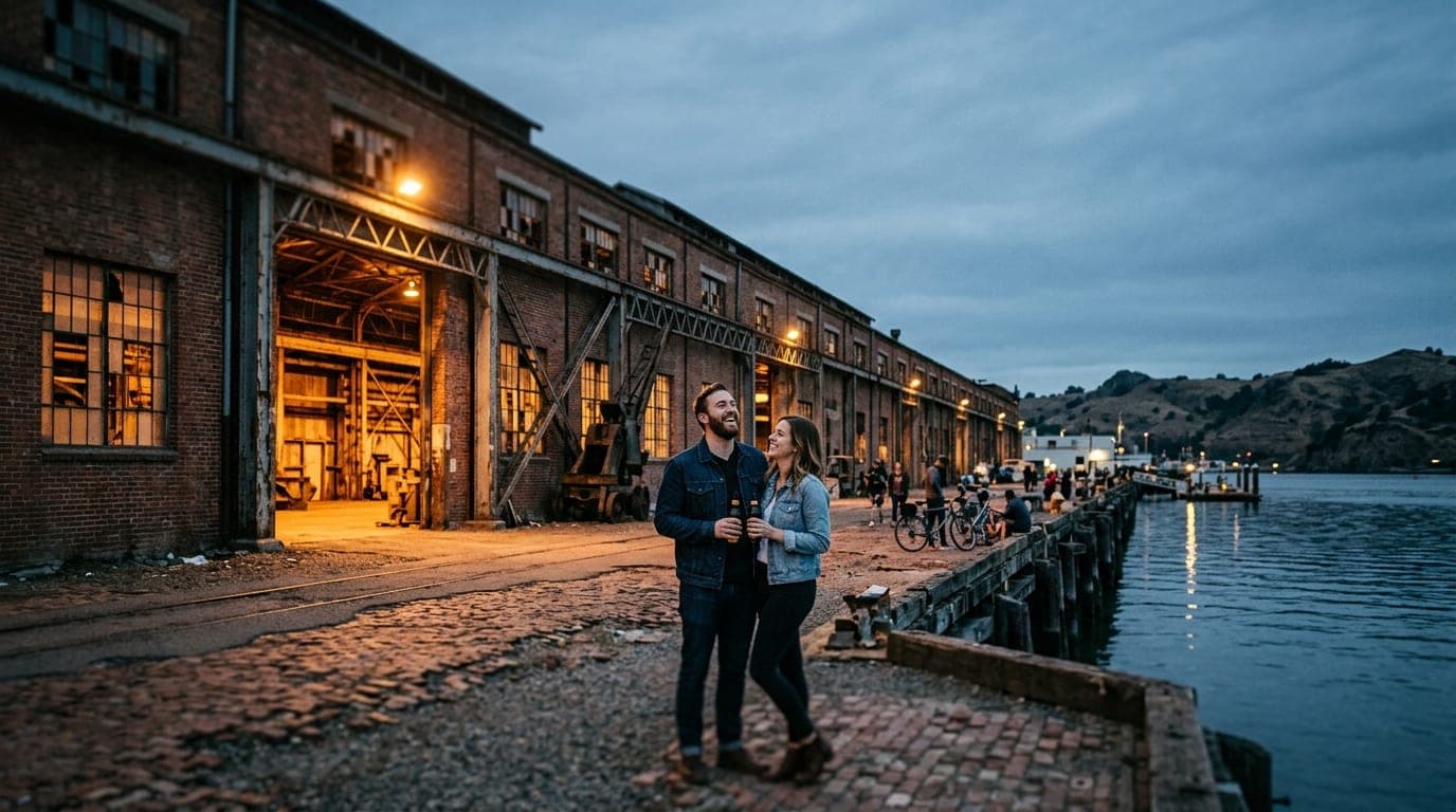 Wide establishing shot at dusk of the Mare Island Coal Sheds, tilt-shift focus highlighting a couple in denim jackets shar...