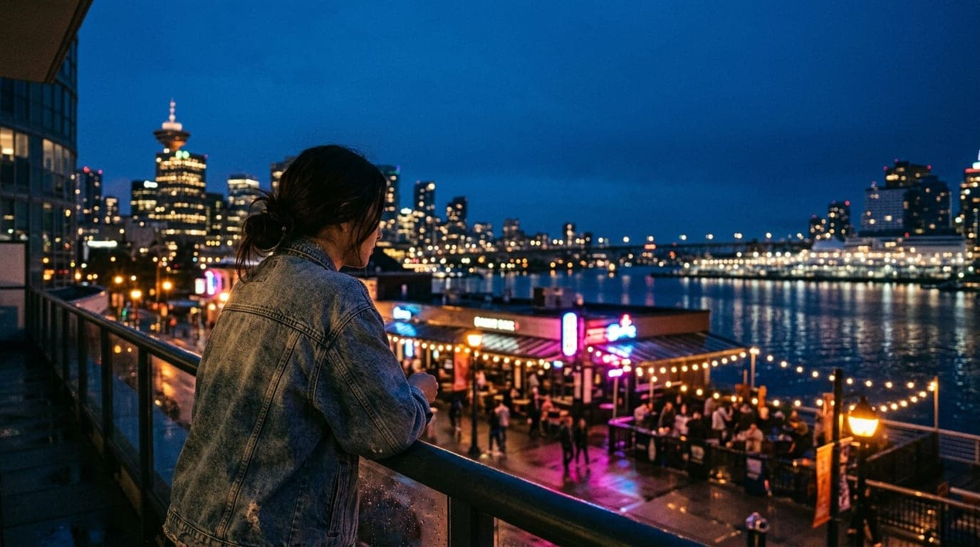 An over-the-shoulder view of a woman in a denim jacket standing on a rain-slicked balcony, watching a neon-lit waterfront...