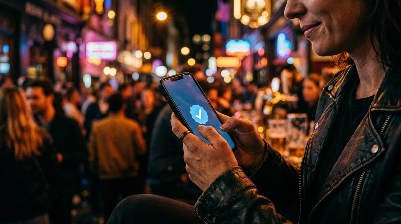 A low-angle 100mm macro shot of a woman in a leather jacket holding a smartphone displaying a verified blue checkmark icon...