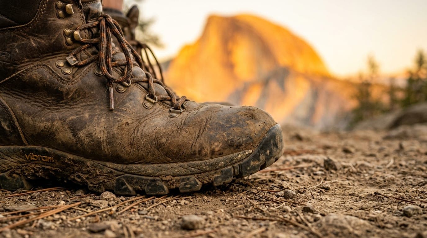 Extreme 100mm macro shot of a weathered leather hiking boot resting on a dusty trail at golden hour, blurred Moro Rock gra...