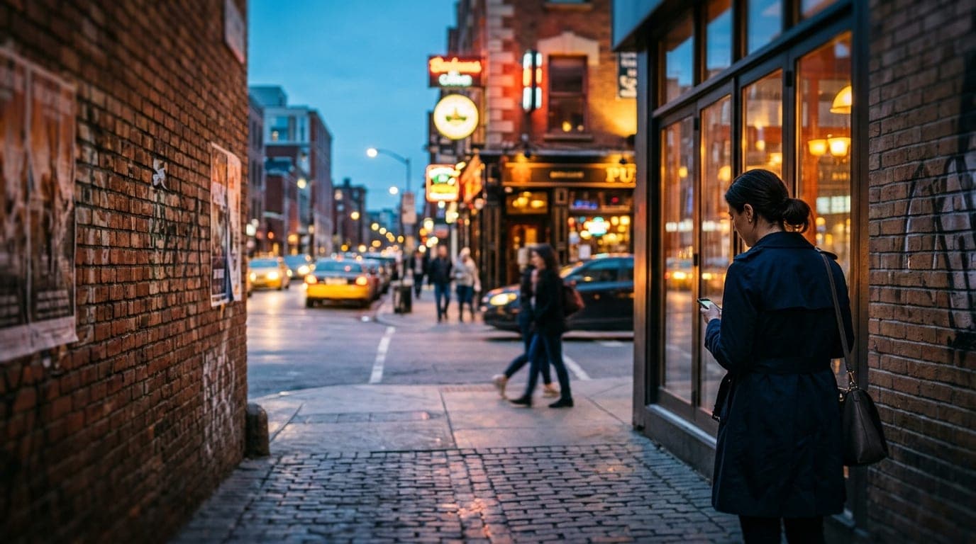 Blue hour, over-the-shoulder view from a brick-walled alleyway, looking toward the neon sign of a Main Street pub. A woman...