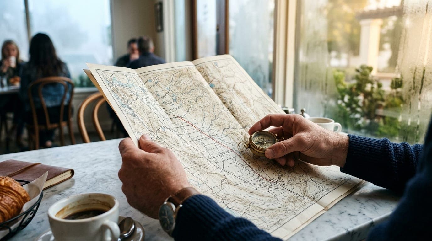 A close-up shot captures a man’s hands unfolding a physical paper map of the Central Valley on a marble café table, pinnin...
