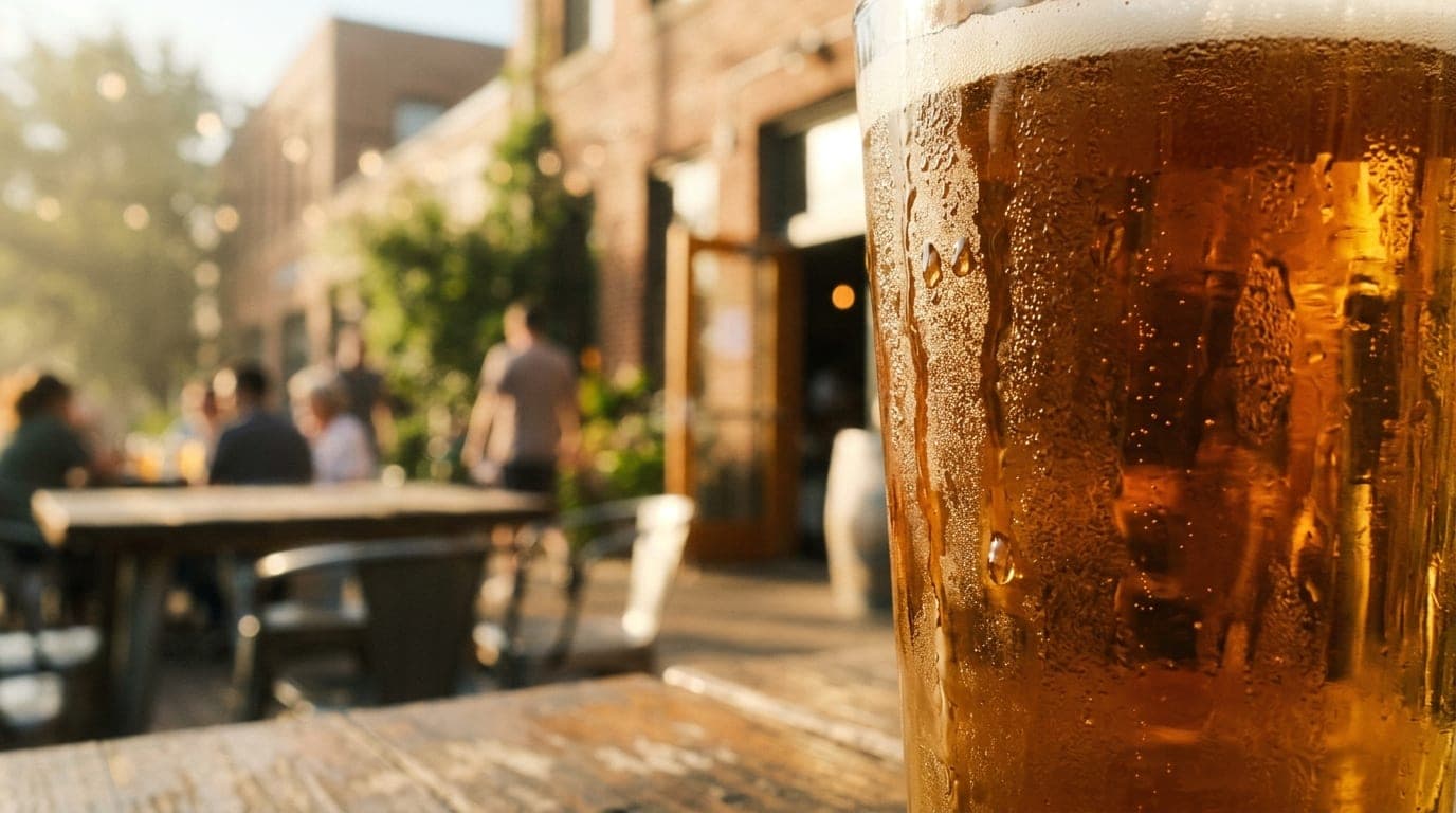 Extreme close-up macro of condensation dripping down a cold craft beer glass, golden hour sunlight refracting through the...