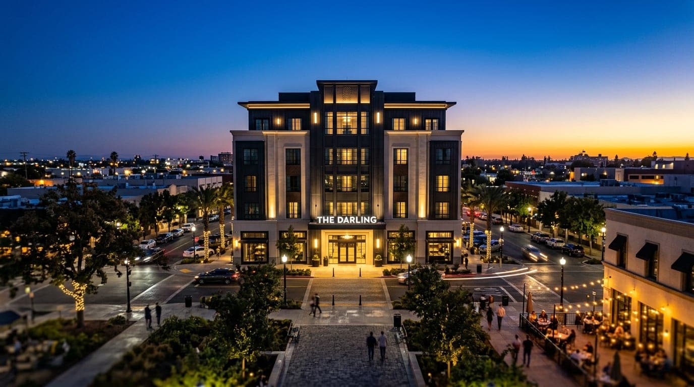 A 24mm wide-angle shot captures the elegant, lit facade of The Darling hotel centered at dusk. The deep blue hour sky fram...