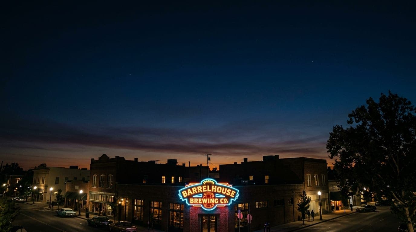 A low-angle shot of the glowing neon BarrelHouse Brewing Co. sign centered in the lower third, silhouetted against the dar...