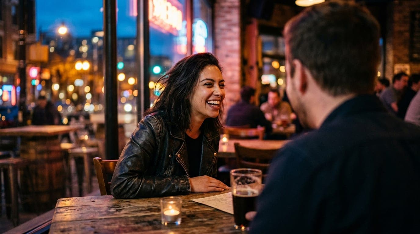 An 85mm shot of a woman in a leather jacket laughing at a weathered wooden table inside a dimly lit brewery, bokeh city li...