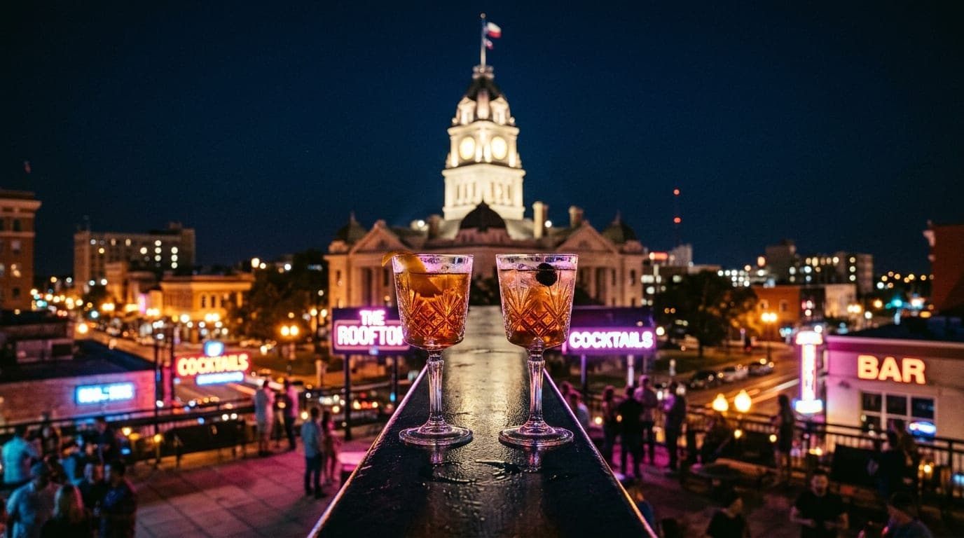 A low-angle hero shot centered on two crystal cocktail glasses resting on a sleek rooftop railing, with the blurred, glowi...
