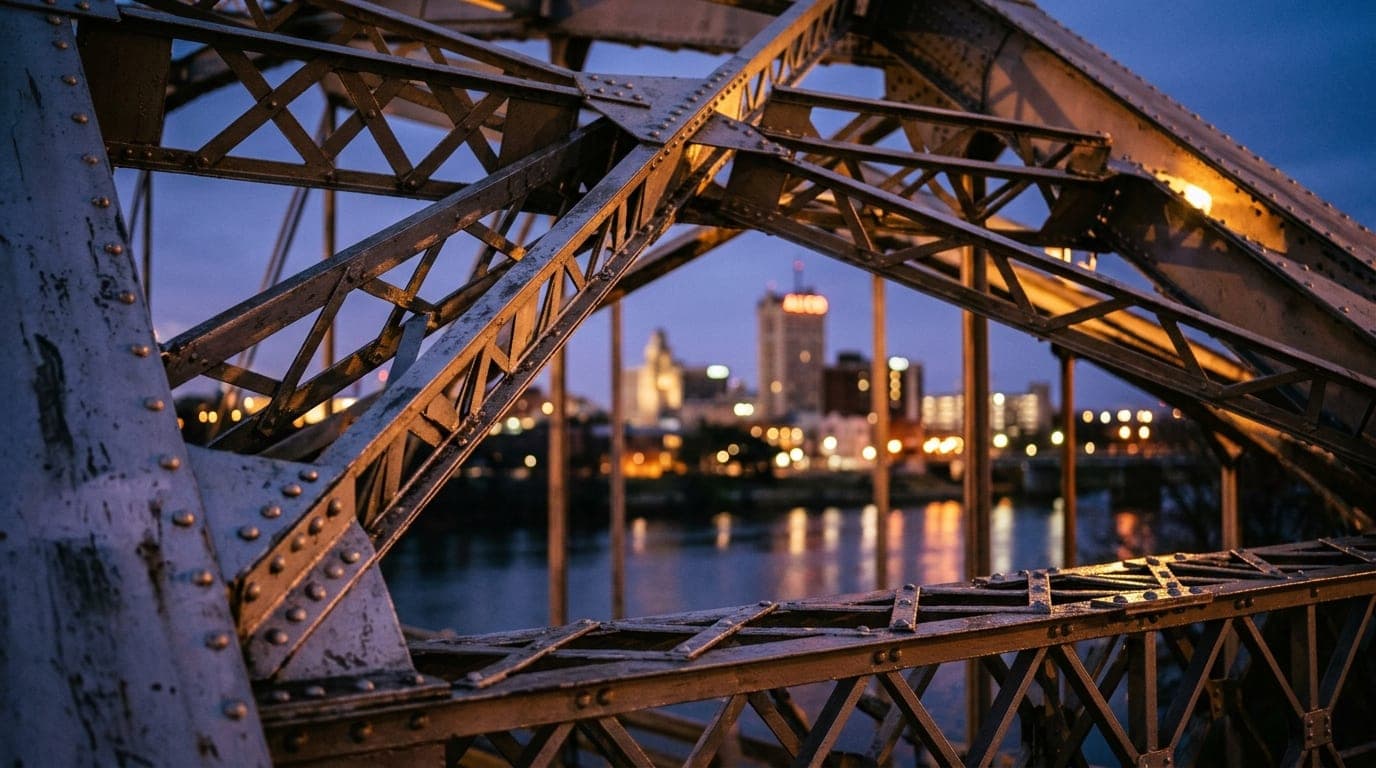 A 100mm macro shot captures the intricate, glowing metal girders of the Washington Avenue Bridge at blue hour, framed tigh...