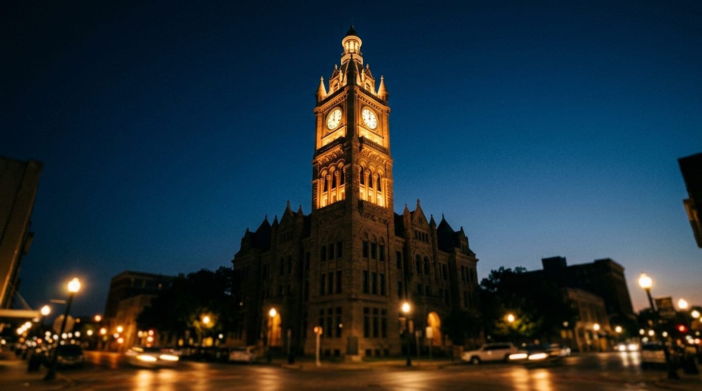 Low-angle hero shot of the illuminated McLennan County Courthouse clock tower at midnight. Tilt-shift selective focus isol...