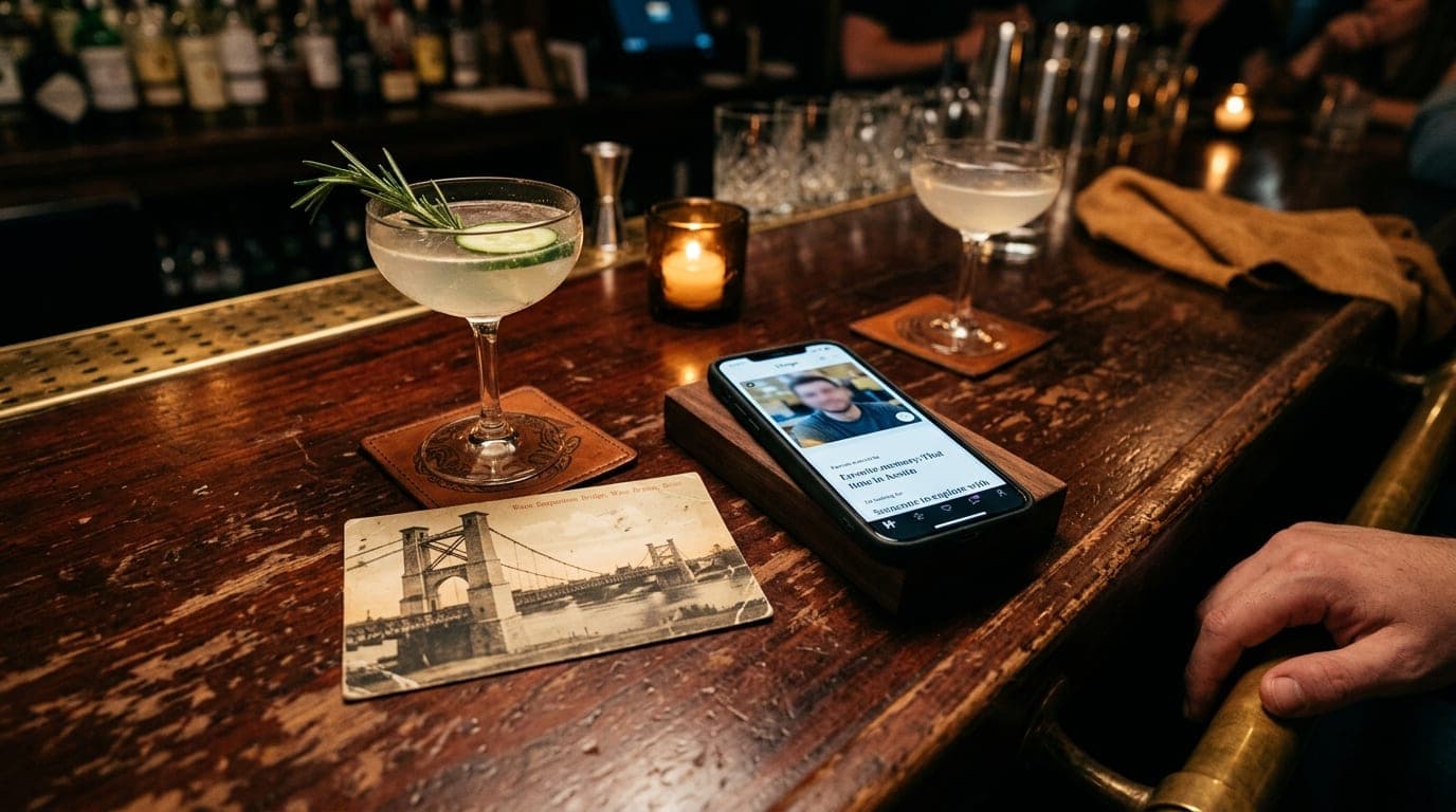 An 85mm portrait captures a mahogany bar in a low-lit Waco lounge, featuring two half-poured gin cocktails, a vintage iron...