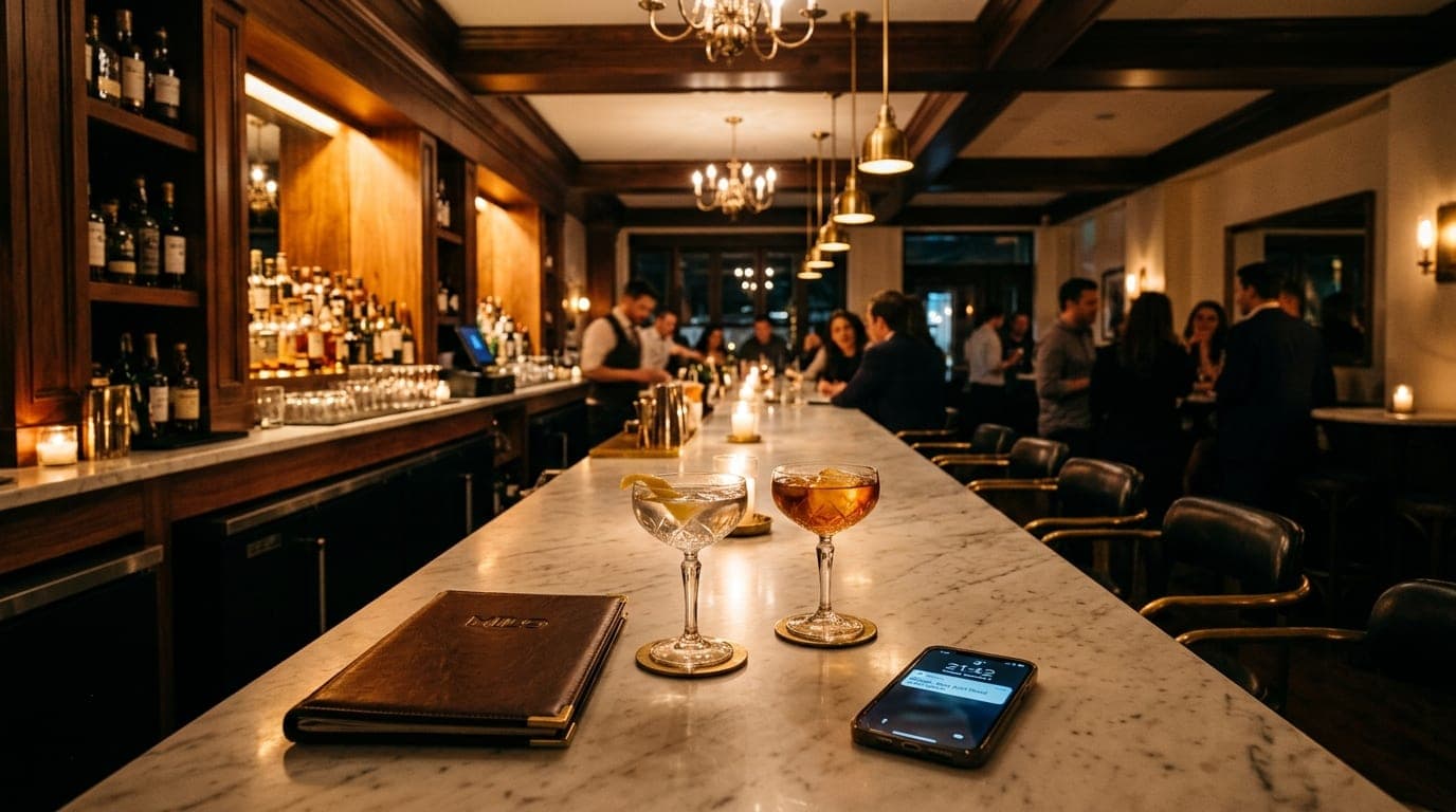 A wide-angle, symmetric shot of a sleek marble bar at Milo All Day. Two crystal cocktail glasses sit near a leather menu,...