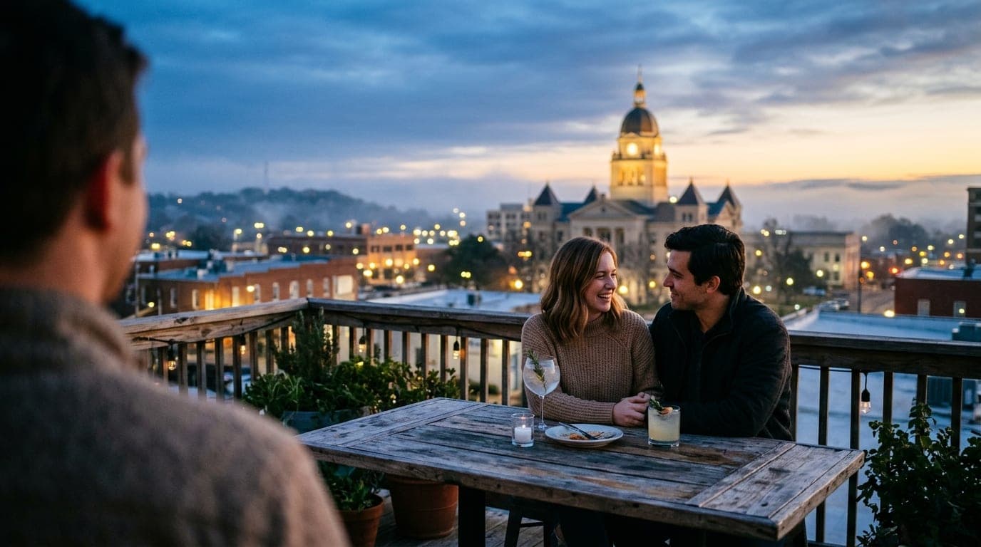 An over-the-shoulder perspective from a rooftop patio at blue hour. A couple sits at a rustic table with two craft cocktai...