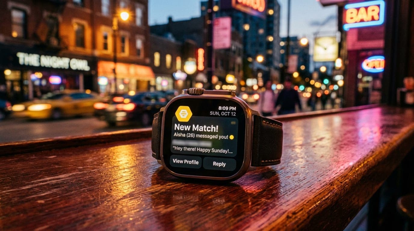 Extreme close-up macro of a high-end smartwatch displaying a Bumble notification, resting on a polished mahogany bar top,...