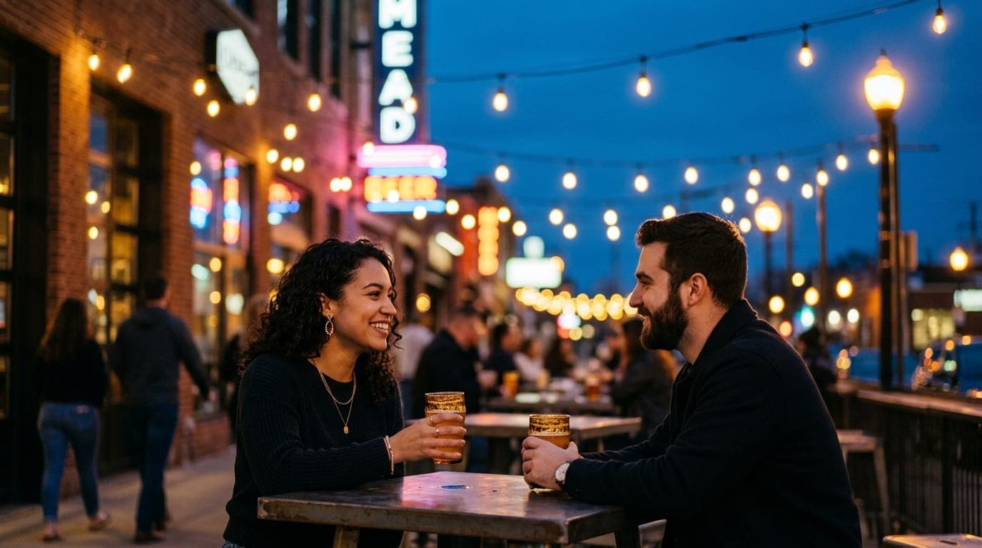 A couple sits at an industrial metal high-top table at Kuhnhenn Brewing, amber glasses of mead in hand, set against the so...