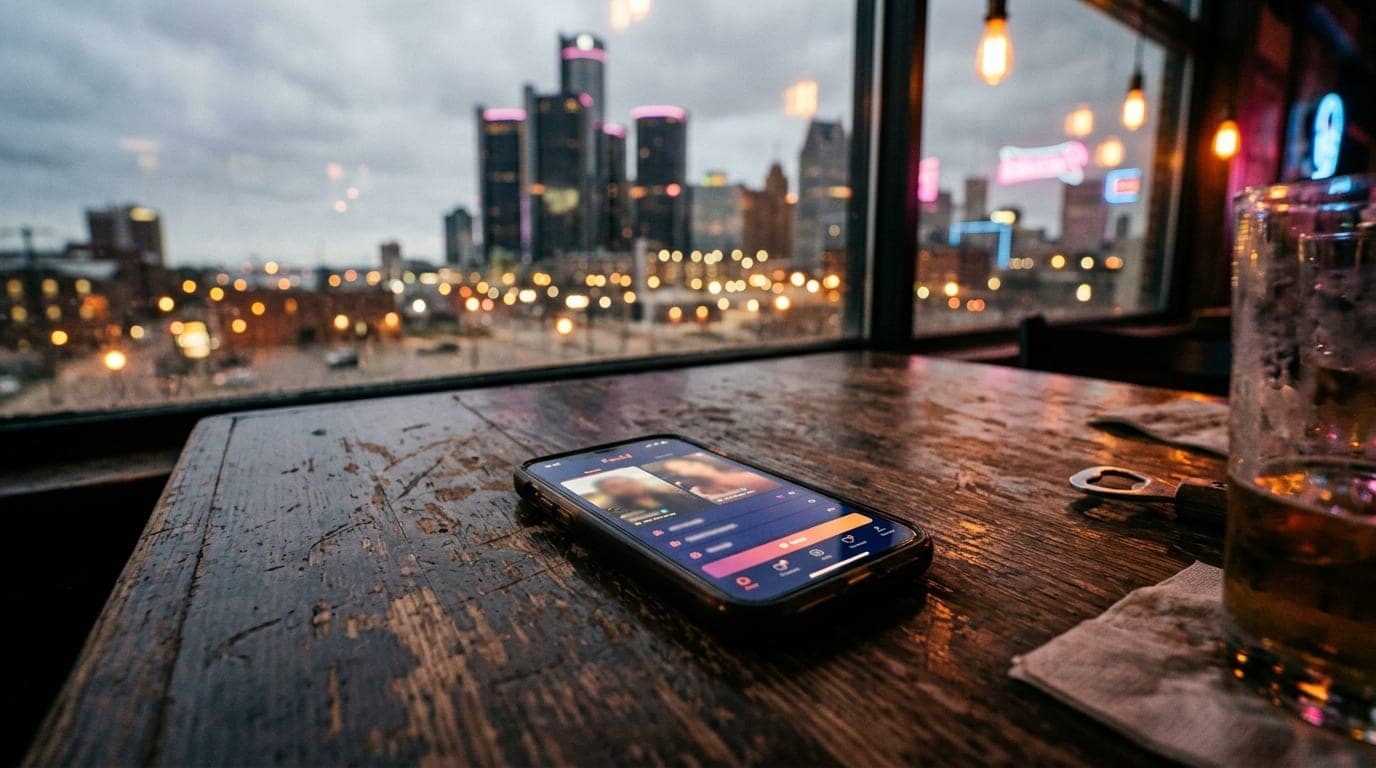 A selective focus tilt-shift shot captures an open smartphone displaying a Feeld profile resting on a scratched wooden pub...