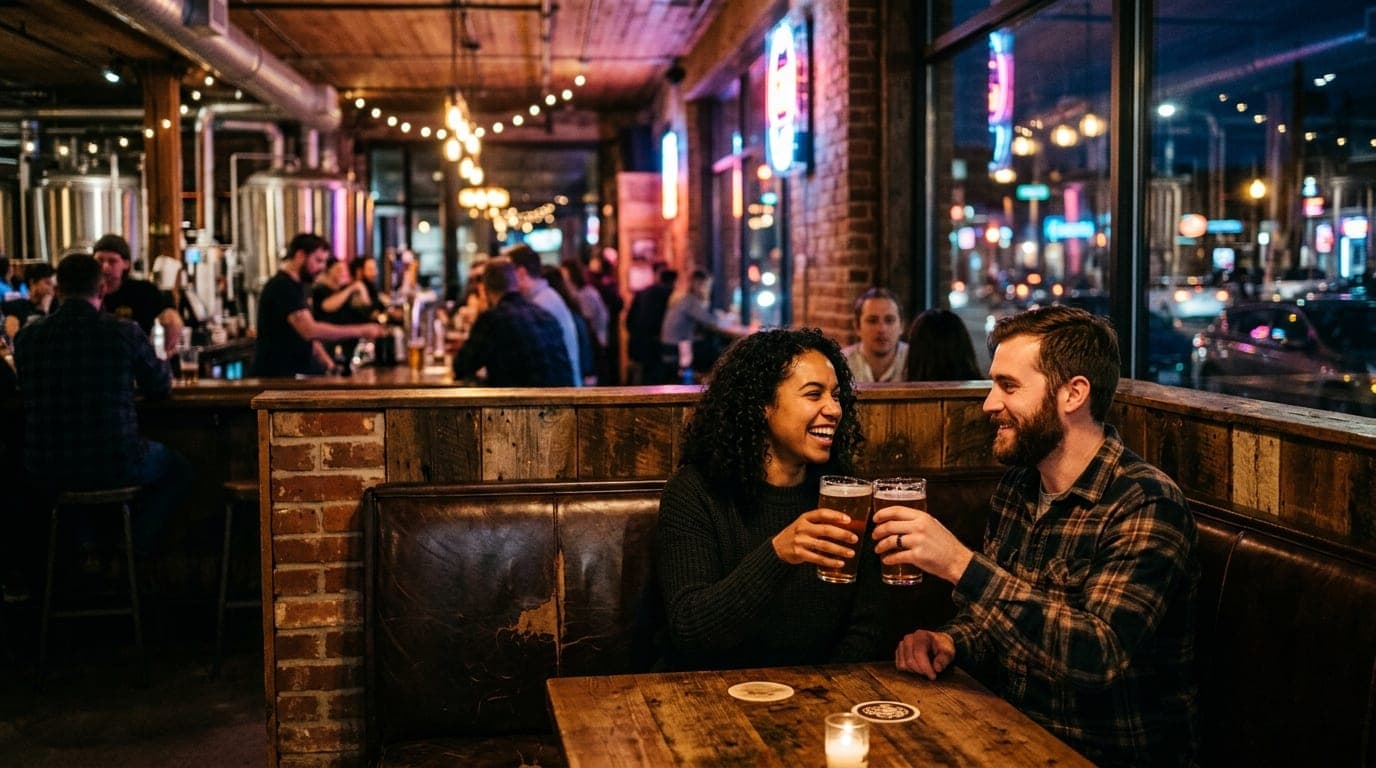 A couple sits in a leather booth at a dimly lit brewery, clinking heavy pint glasses. Warm ambient light glows on their fa...