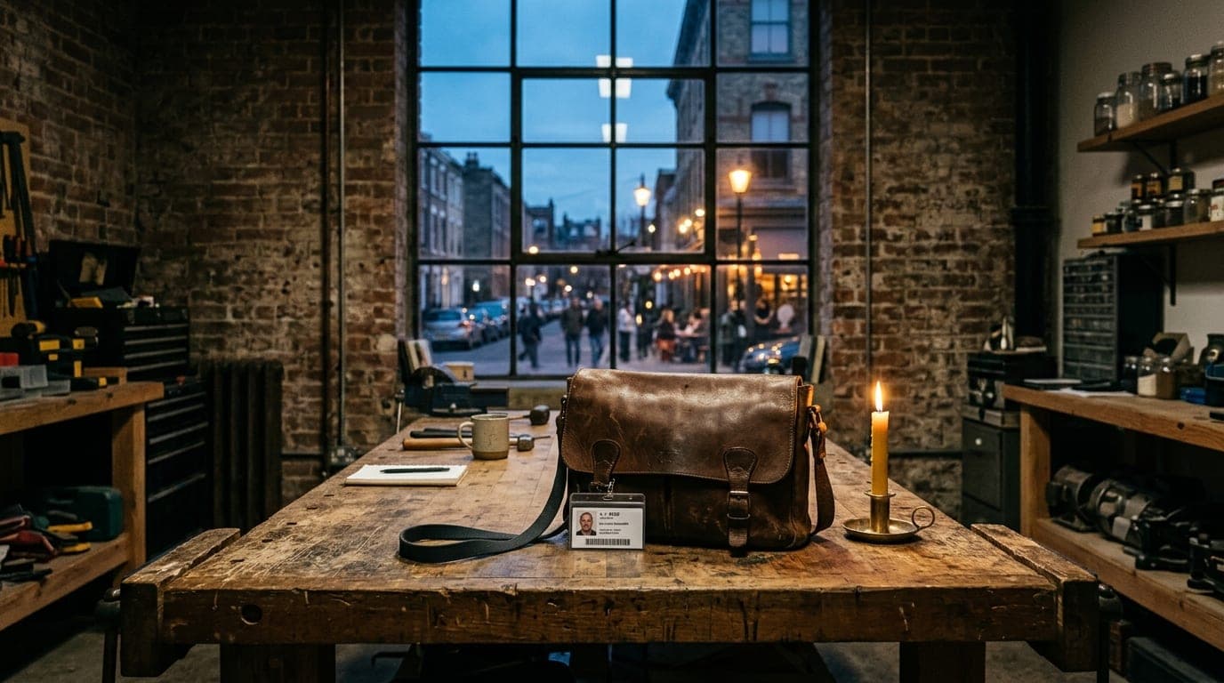 A medium shot, 24mm wide-angle. A candlelit loft in a brick Warren warehouse. A professional ID badge and a leather bag si...
