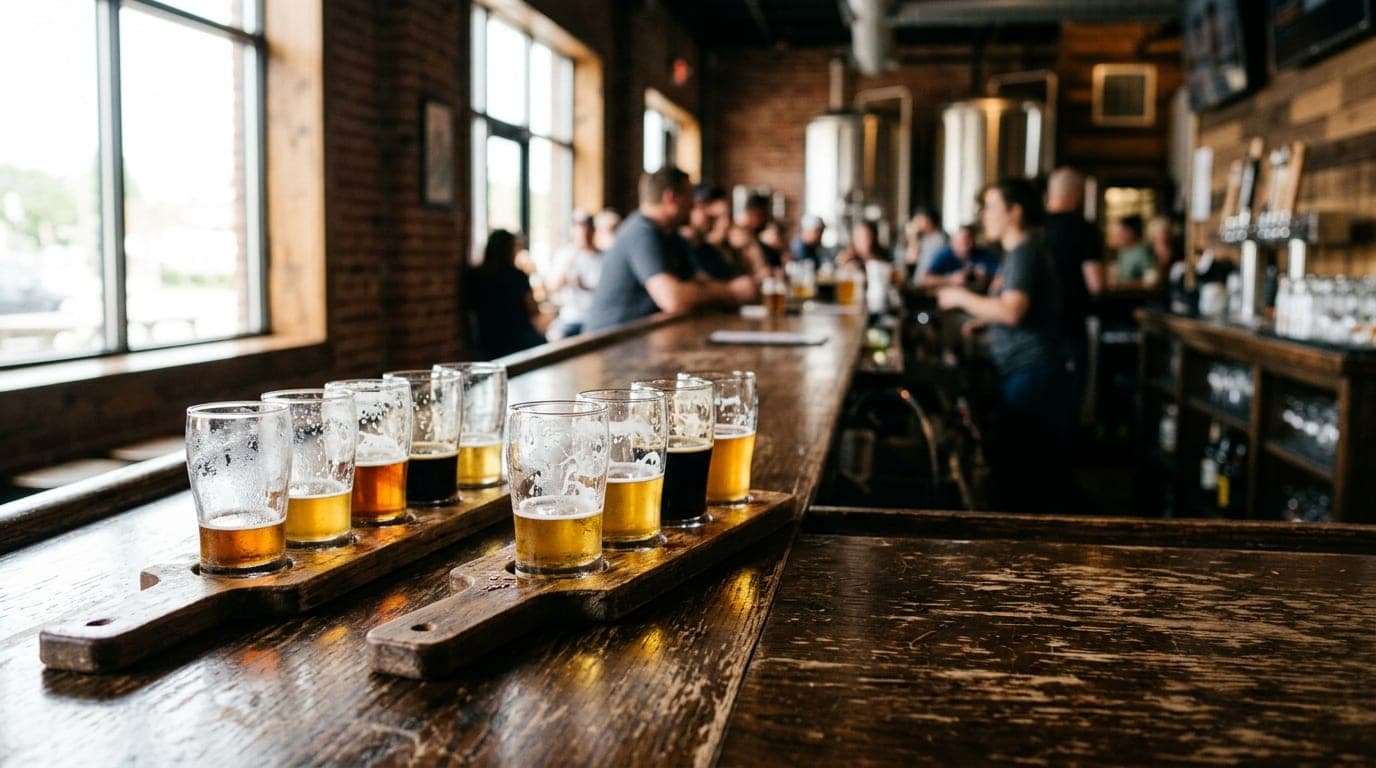 A close-up, 50mm shot at noon. Two half-empty craft beer flights sit on a scratched, dark wood bar top at Kuhnhenn. Natura...