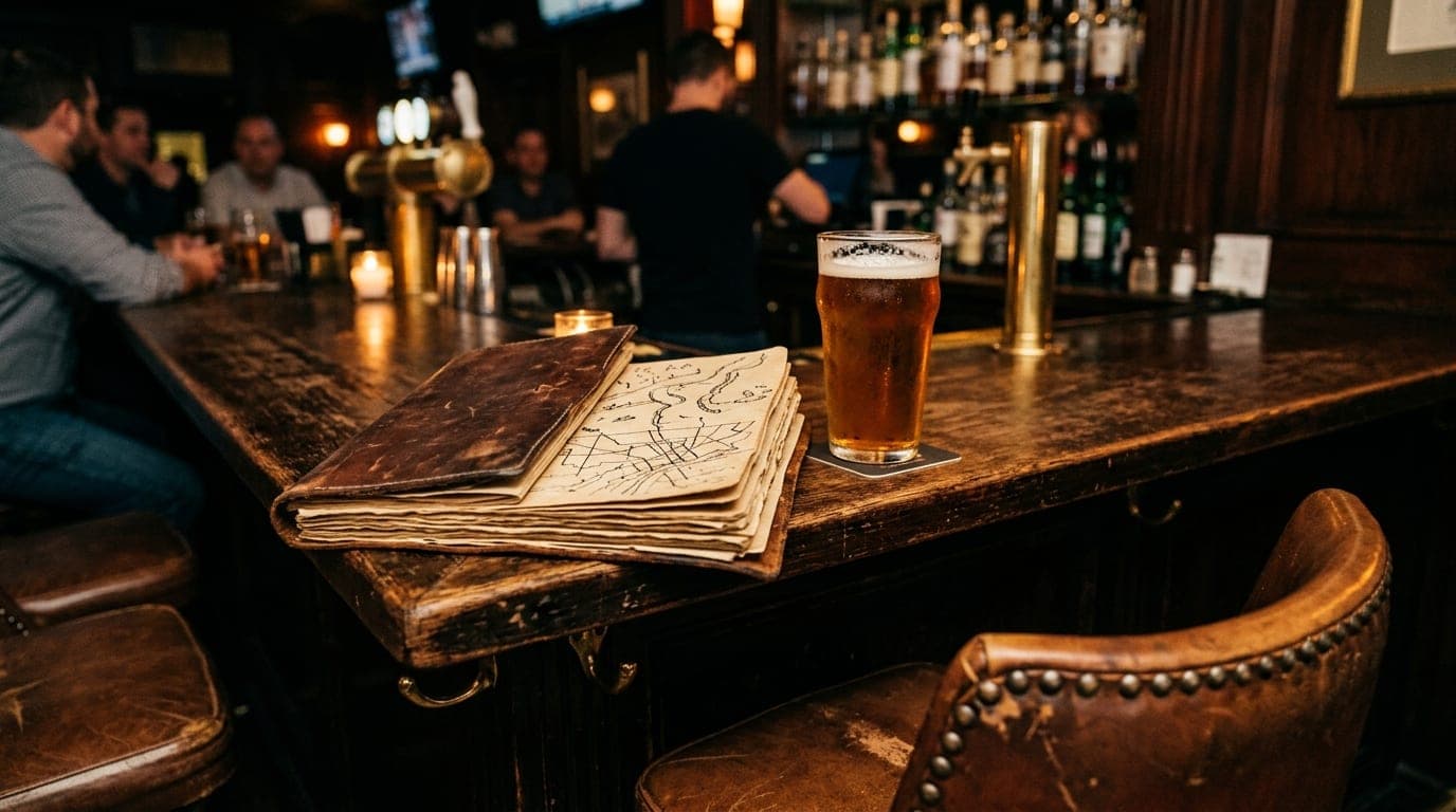 A low-angle, 85mm shot of a leather bar stool at a dimly lit Warren tavern. A leather-bound notebook with a hand-drawn map...