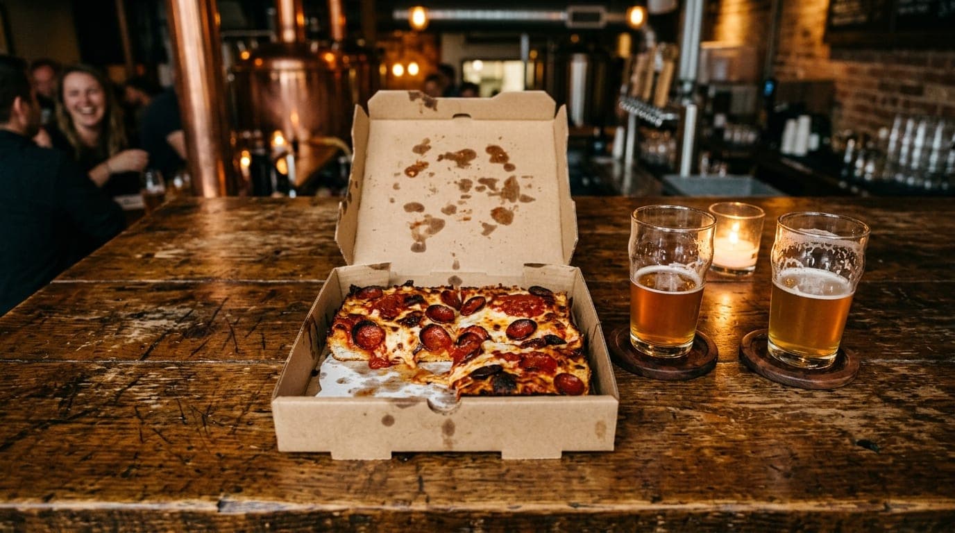 Overhead flat-lay, 24mm wide-angle shot of a grease-stained Buddy’s Pizza box and two half-filled craft beer glasses cente...