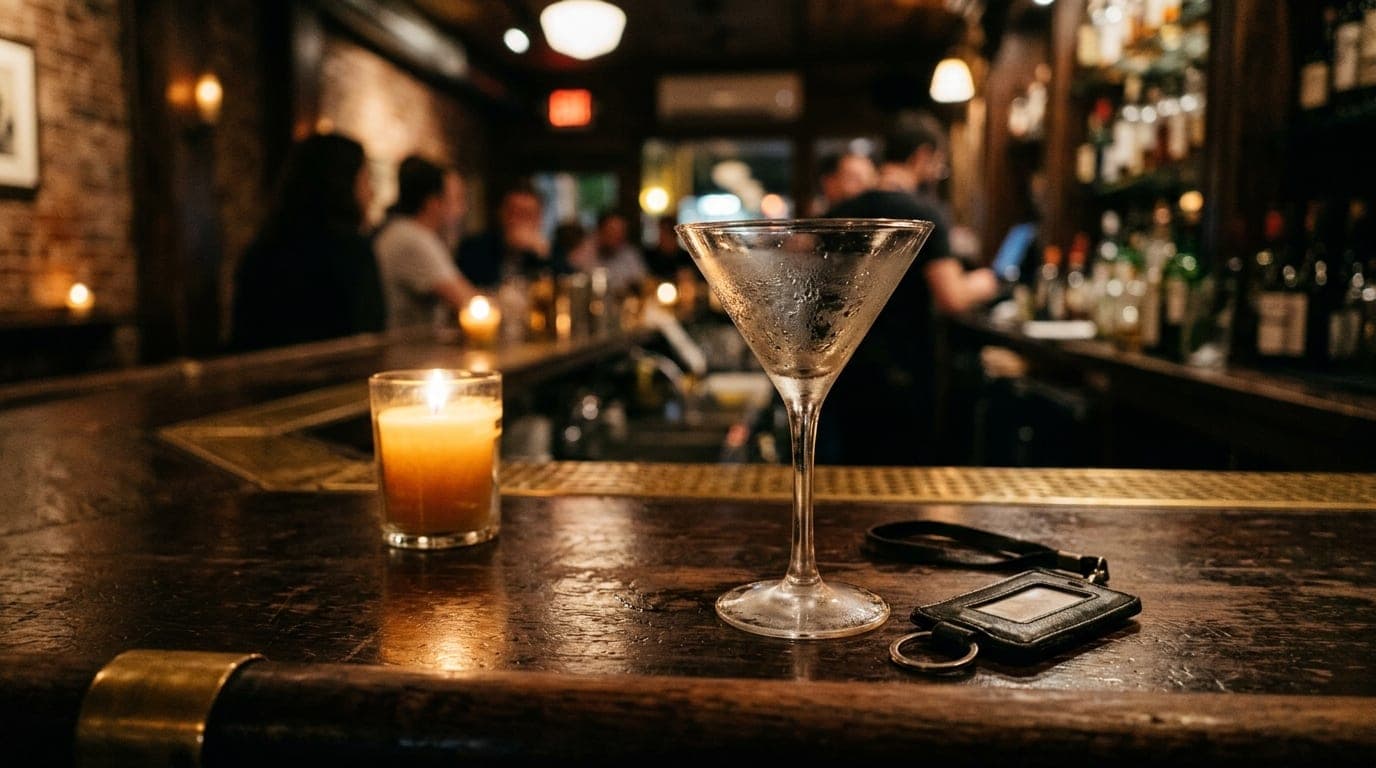 Medium shot, 35mm documentary: A leather-bound ID lanyard rests discarded beside an empty martini glass on a dark wood bar...