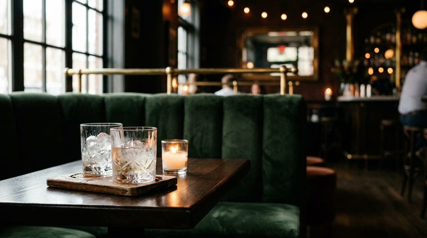 A close-up 85mm shot of a plush velvet booth at Allegory. Two crystal tumblers with melting ice sit on a dark wood table,...